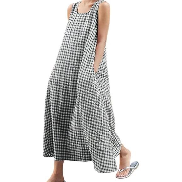 Women's Casual Loose-Fit Cotton and Linen Plaid Tank Maxi Dress - Picture 12 of 16